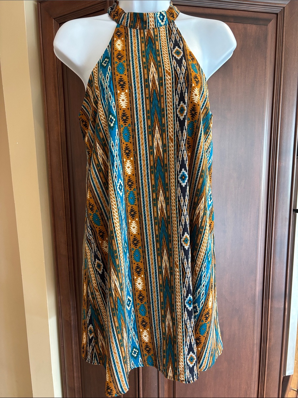 audrey Teal & Mustard Halter Tribal Mini Dress